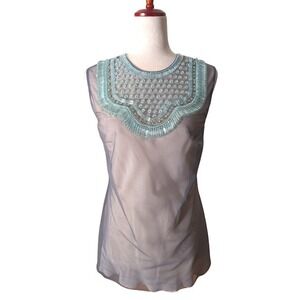 PRADA‎ Embellished Sheer Sleeveless Top Blue Beaded Neckline Womens